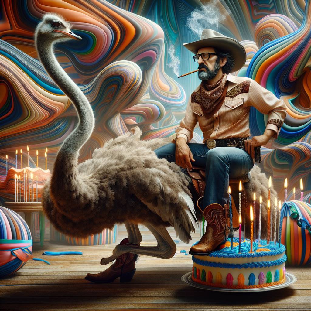 2) Birthday AI Generated Card - here is a guy with glasses, He is wearing cowboy boots and a cowboy shirt, He is riding an ostrich, and There is a birthday cake which has cigarettes on it instead of candles (5f174)