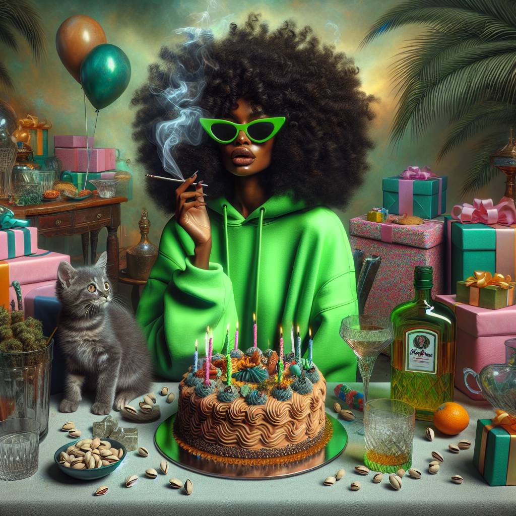 1) Birthday AI Generated Card - Mixed race black woman with really curly black hair wearing green hoodie, Sunglasses, Tabby cat kitten, Birthday cake celebration, Green, Smoking marijuana weed cannabis, Presents and balloons, Sunglasses, Bottles of gin, Pistachios chocolates cakes snack, and Palm trees outdoors (ae066)