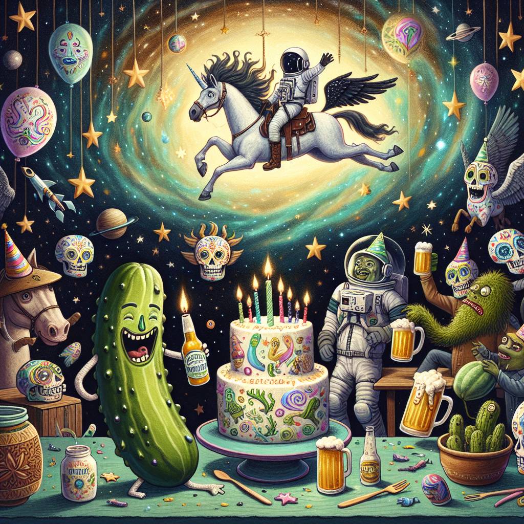 2) Birthday AI Generated Card - Pickles, Nicholas Cage, Beer, Twilight, Space, Sugar skulls, and Pegasus (a1091)