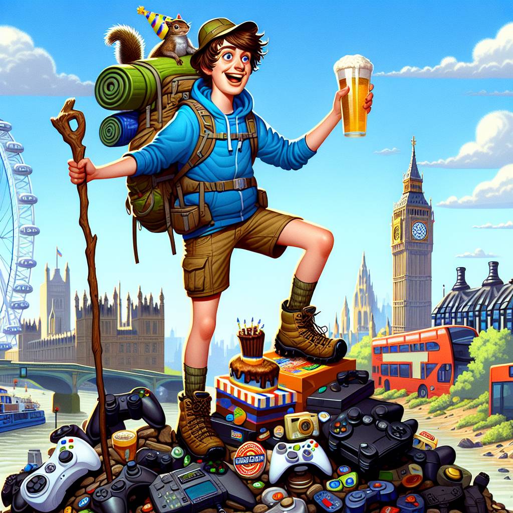 1) Birthday AI Generated Card - Brown haired boy, Hiking, Computer games, Beer, and London (85622)