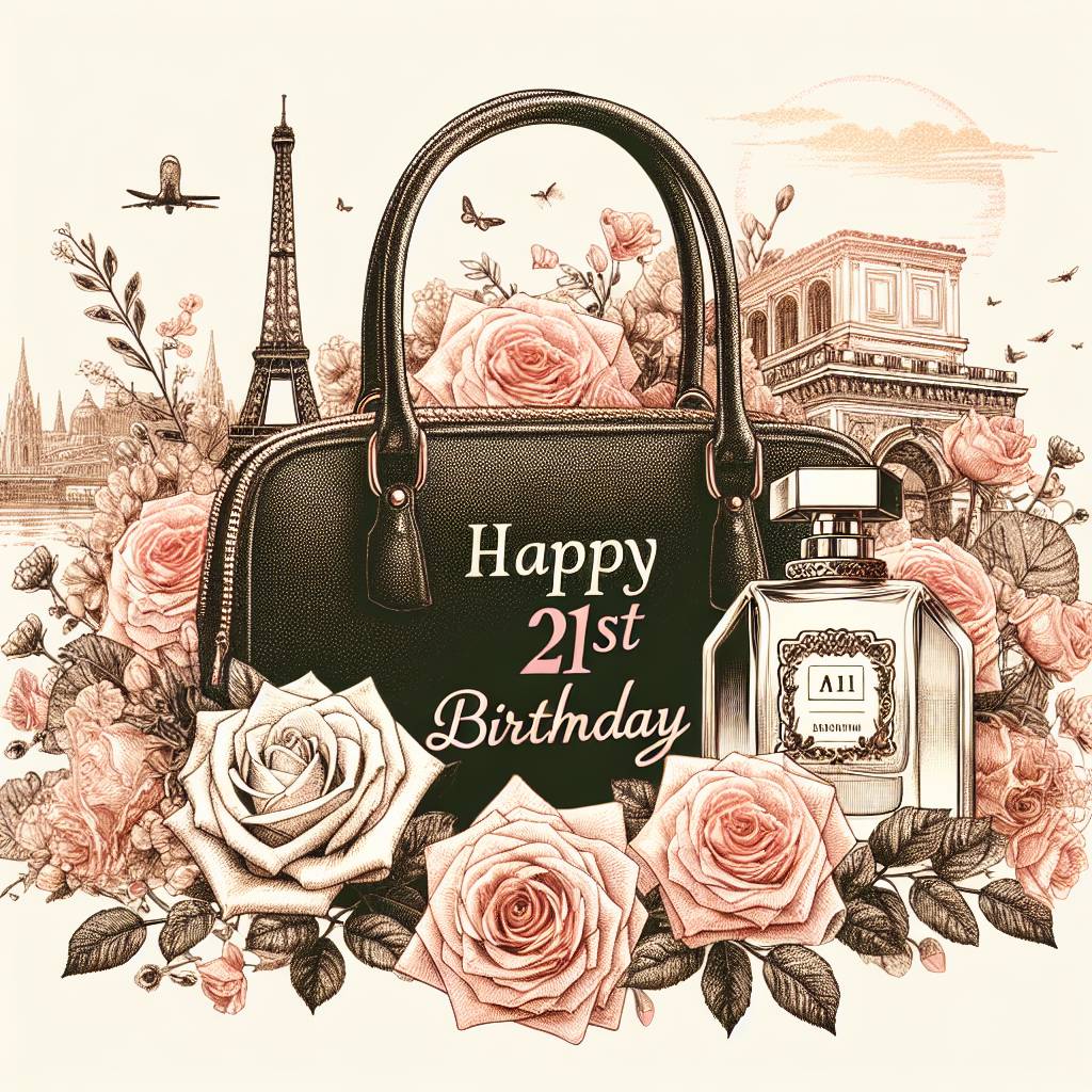 2) Birthday AI Generated Card - Happy 21st birthday Madison , Paris, Vintage, Handbag , Roses , and Perfume  (8c916)