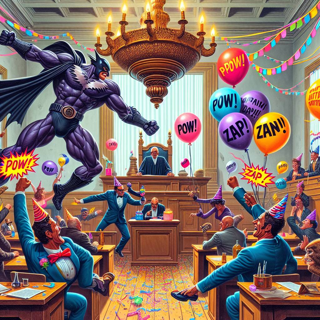 1) Birthday AI Generated Card - Batman fighting James Bond, Party, and In Court (a5916)