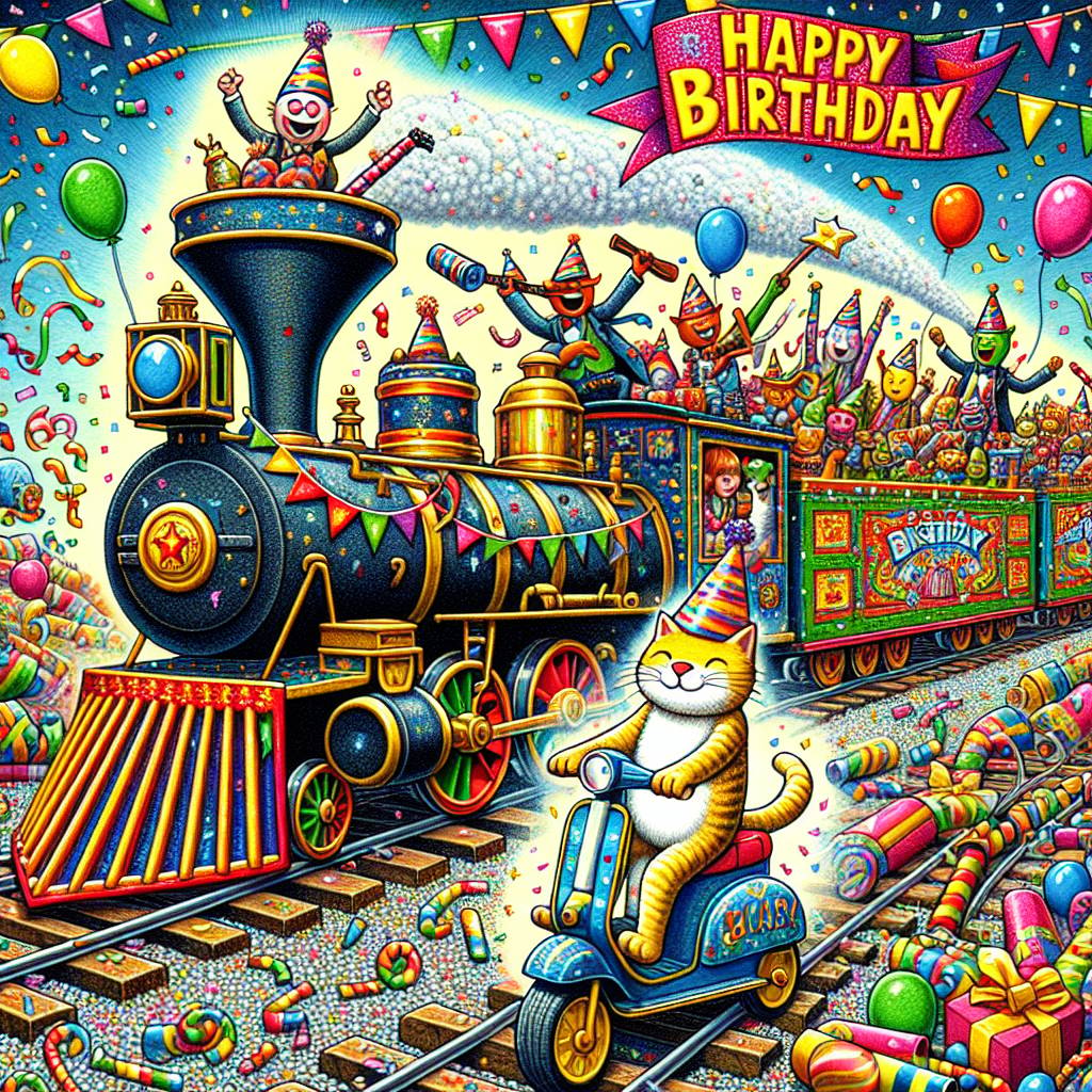 1) Birthday AI Generated Card - Steam trains, Octonauts, Guitars, Biscuits, Scooter, and Black cat  (70fbb)