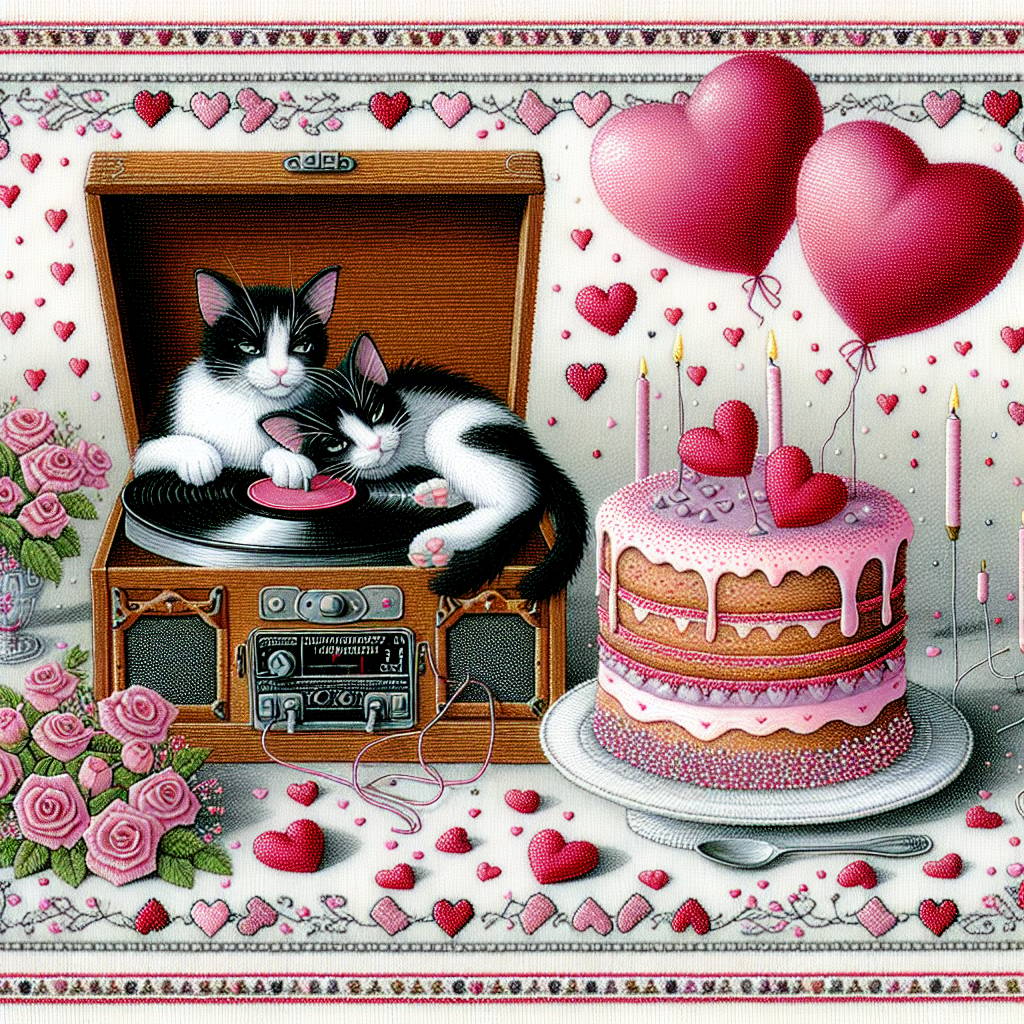 1) Valentines-day AI Generated Card - 3 legged black and white cats , Vinyl , Cake , and Embroidery (5b5ab)