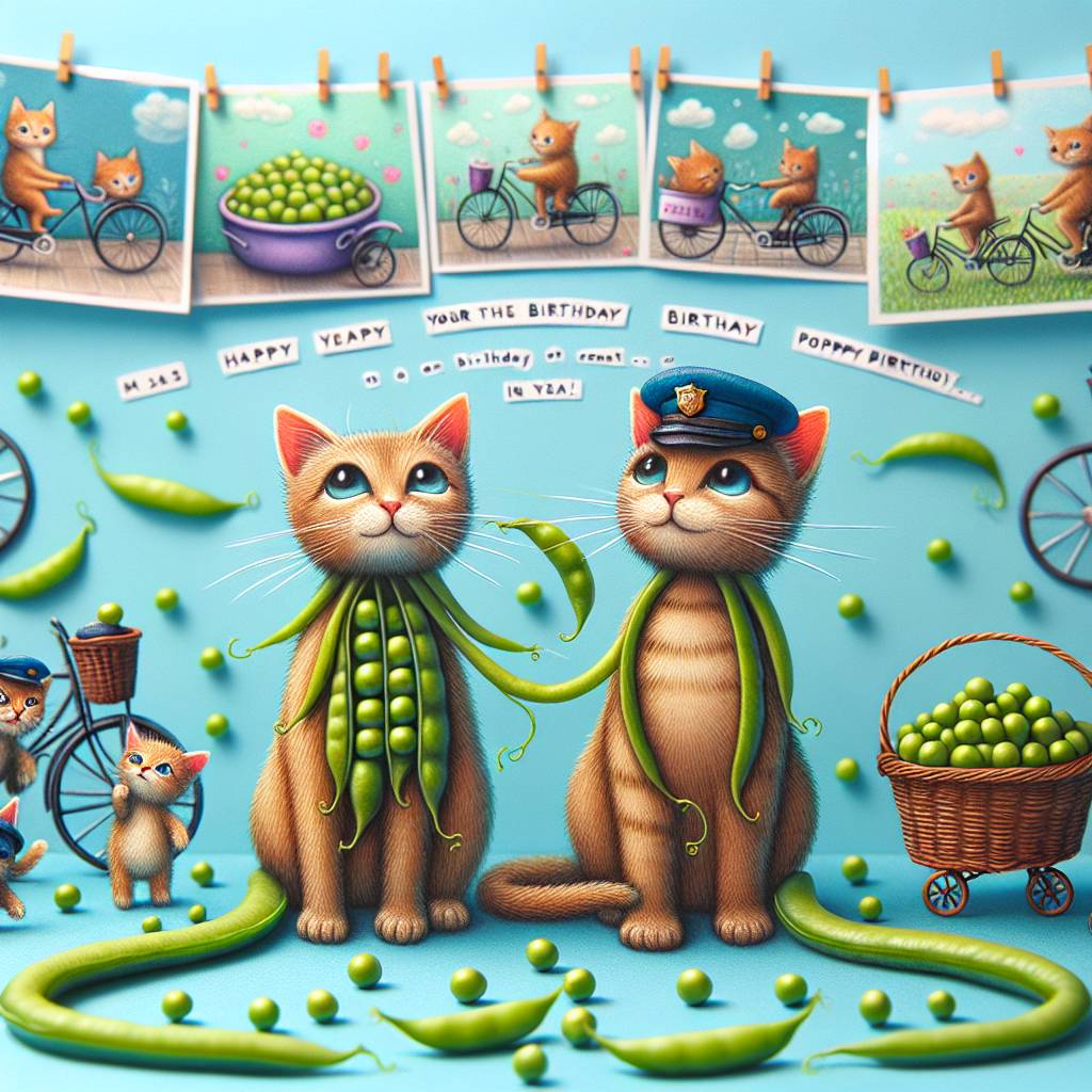 1) Birthday AI Generated Card - Cats, Cycling, Peas, and Police (23215)