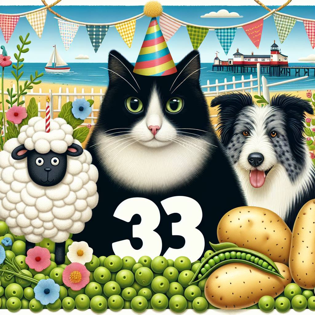 1) Birthday AI Generated Card - Black & white cat, sheep, border collie, potatoes and peas, England seaside, “33“ (981a9)