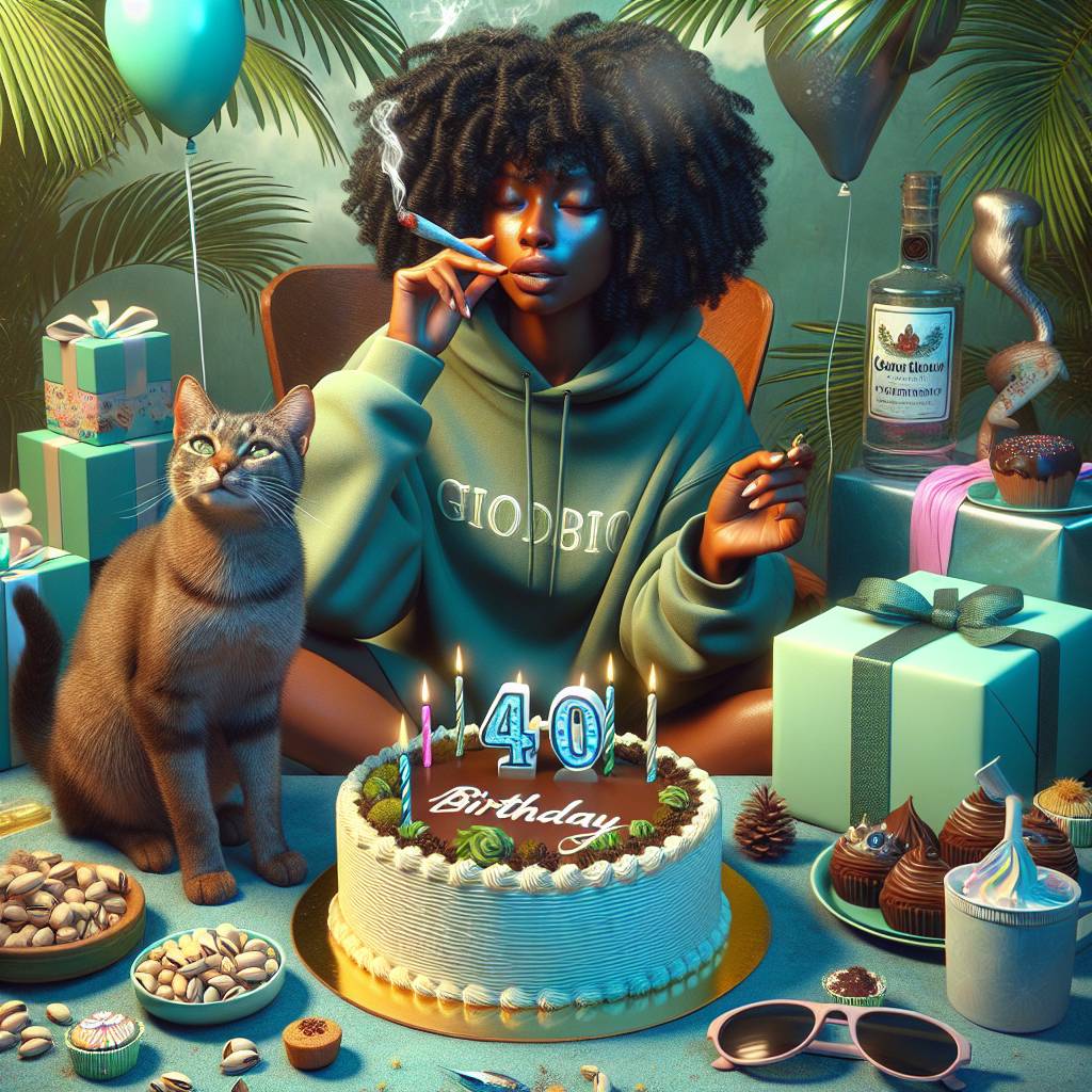 1) Birthday AI Generated Card - Mixed race black woman smoking weed with coil curly black hair wearing a hoodie, Brown Tabby cat kitten,  Birthday cake celebration, Smoking marijuana weed, 420 weed cannabis, Presents and balloons, Sunglasses, Bottles of gin, Pistachios chocolates cakes snack, and Palm trees outdoors (1020c)