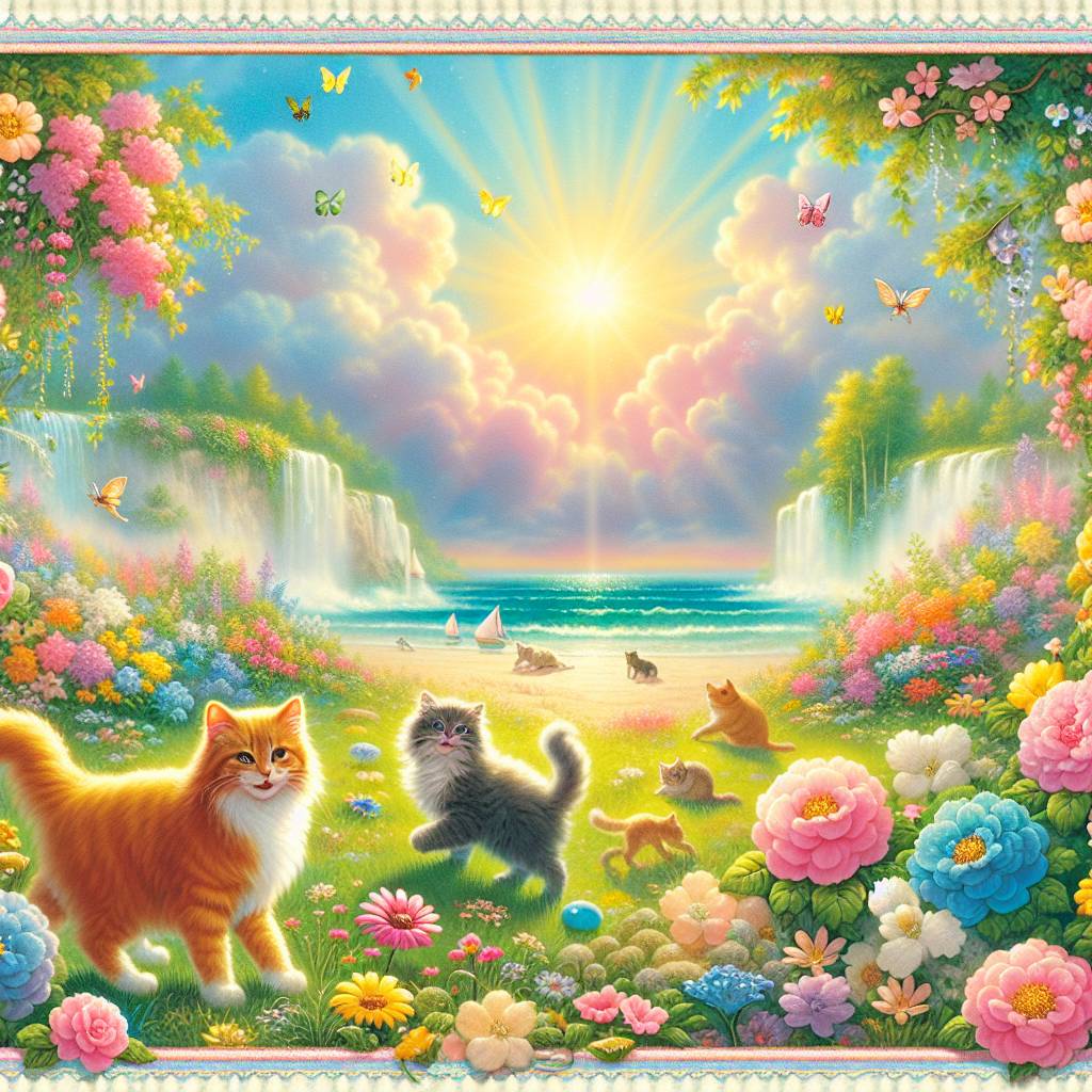 1) Birthday AI Generated Card - Ginger cat, Grey fluffy cat, Flowers and meadows, Sunshine, Pastel colours pink, blue, green & yellow, The beach, Frogs, and Clouds (6d53d)