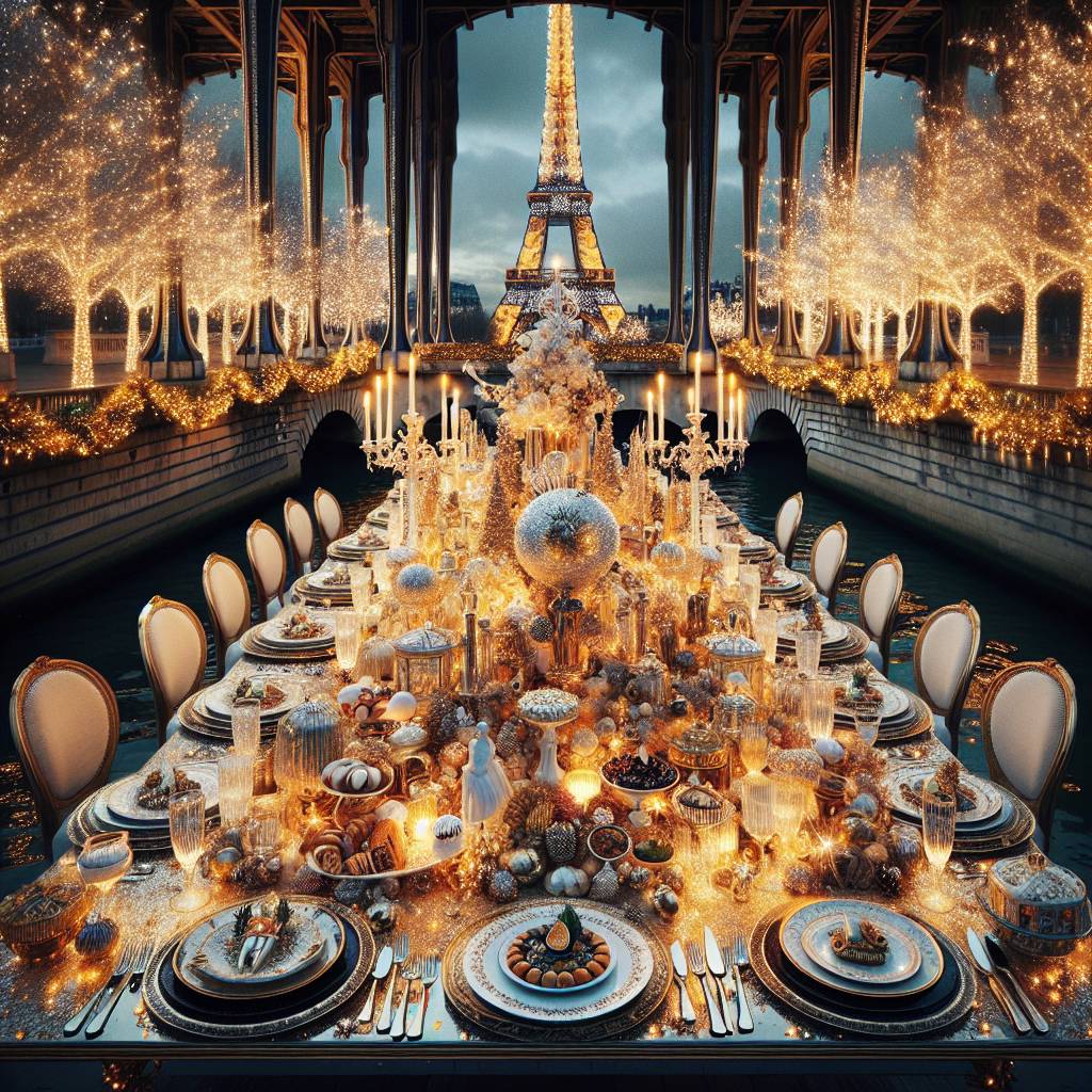 4) Christmas AI Generated Card - An elegant Chrismas dinner party full of beautiful Christmas decorations, different kinds of foods, and full of people, A party in Paris, and Gold and white colored ornaments (11578)