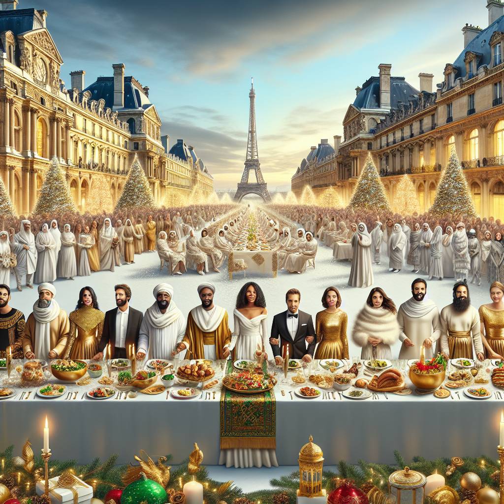 1) Christmas AI Generated Card - An elegant Chrismas dinner party full of beautiful Christmas decorations, different kinds of foods, and full of people, A party in Paris, and Gold and white colored ornaments (a6fa3)