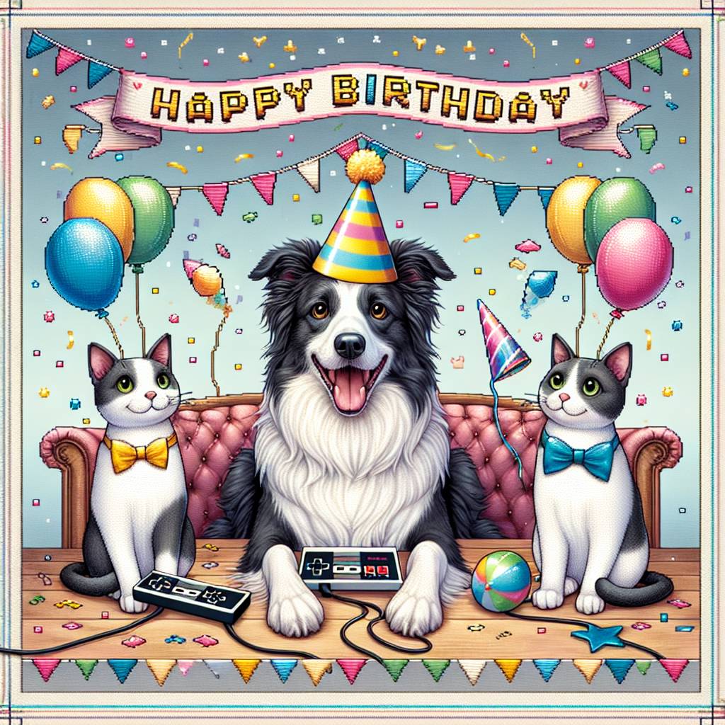 1) Birthday AI Generated Card - Border collie , 2 tuxedo cats, and Video games  (8d04d)