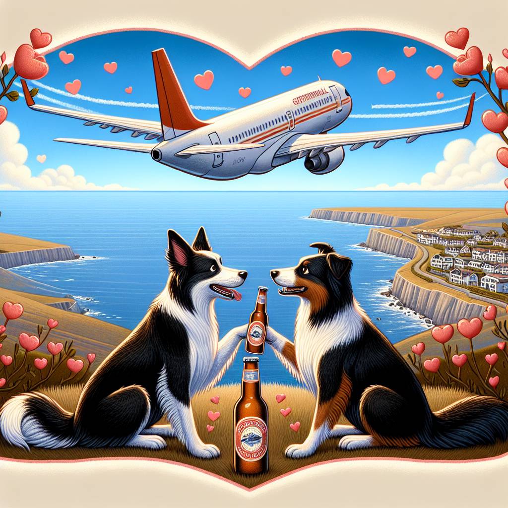 2) Valentines-day AI Generated Card - Two border collies, Brewdog beer, Lyme regis, EasyJet a320, and Flirting (5507f)