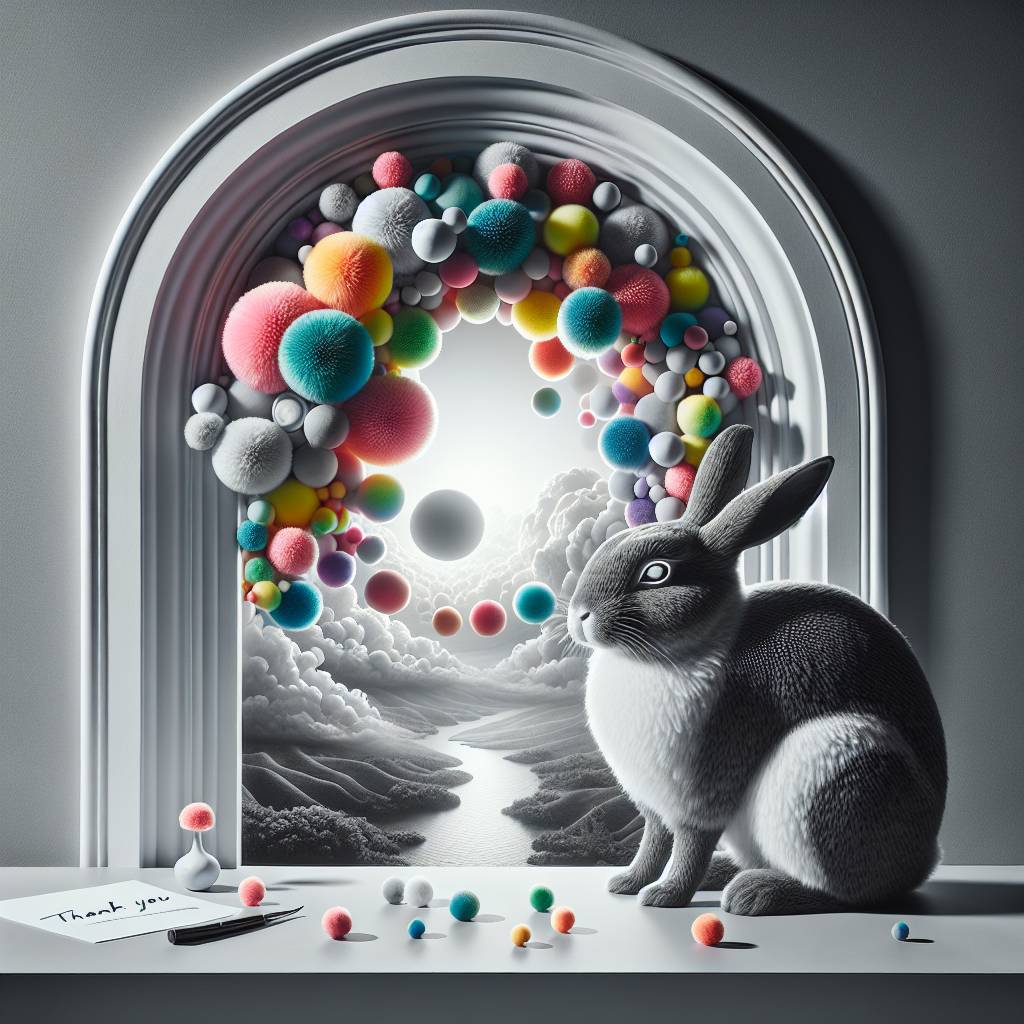 1) Thank-you AI Generated Card - Black and white rabbit, Arch window, Pom poms, and Cheese  (304ff)