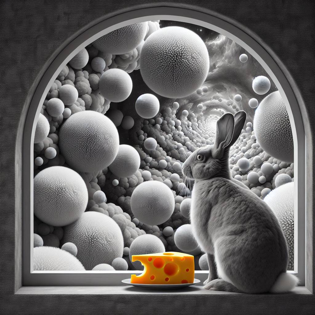 2) Thank-you AI Generated Card - Black and white rabbit, Arch window, Pom poms, and Cheese  (60a1e)