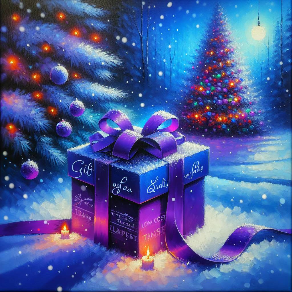 2) Christmas AI Generated Card - Christmas present , Christmas tree in the background blurred out , Colours purple and blue , and Snowy  (c3fcb)