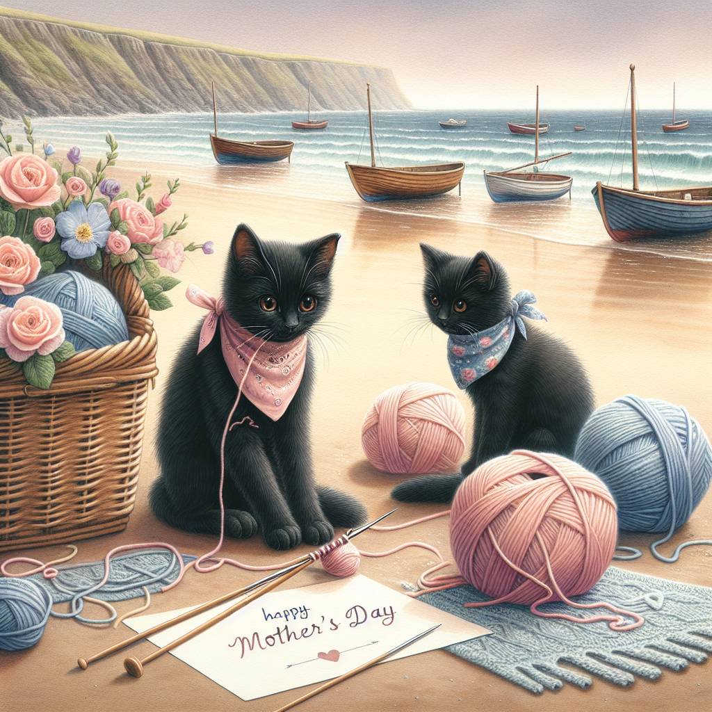 1) Mothers-day AI Generated Card - Blind black cats, knitting, Yorkshire, beach, boats (40a29)