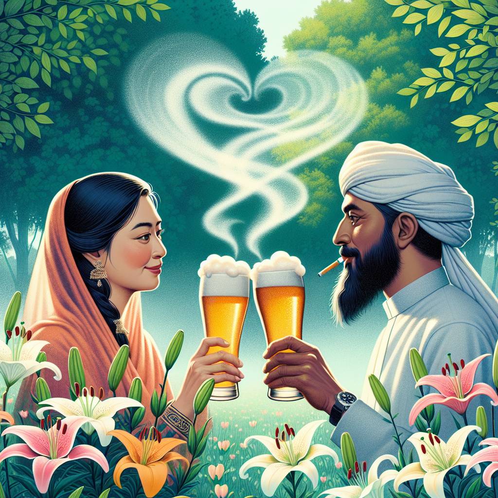 1) Anniversary AI Generated Card - Beer, Lilly flower , Cigarettes, and Beer garden (1d0c2)