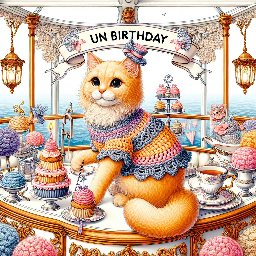 2) Birthday AI Generated Card - Orange cat, Alice in wonderland, crochet, below deck (19c17)