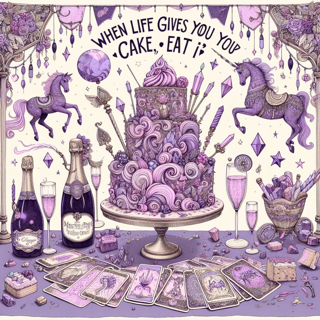 1) Birthday AI Generated Card - Cake, Champagne , Horses, Amethyst cristals, Tarot cards, When life gives you cake , and Eat it (93ac9)