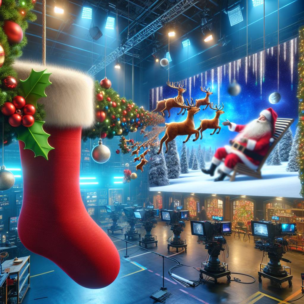 1) Christmas AI Generated Card - Christmas stockings around a TV studio , Manchester , Media city , Santa and reindeer, and Decorations  (01150)