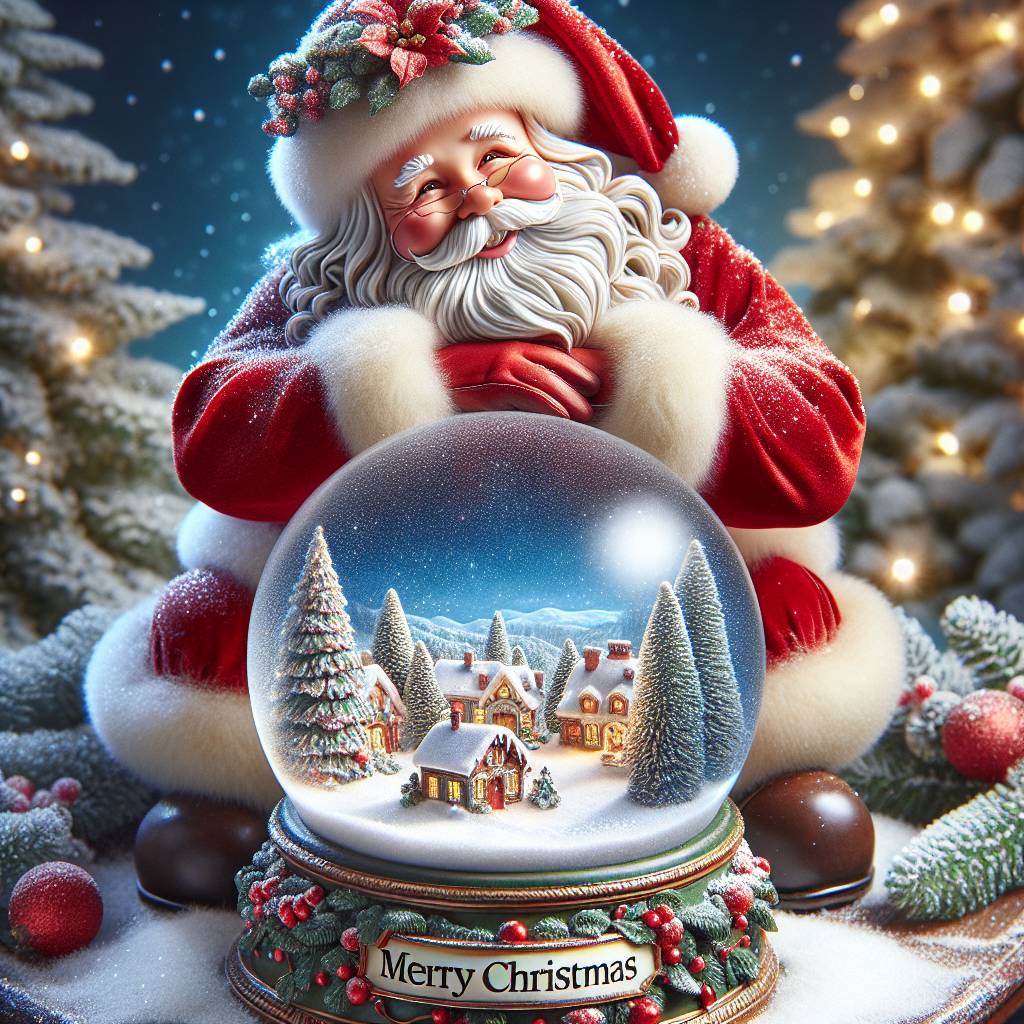 2) Christmas AI Generated Card - santa sat on top of a snowglobe that has a christmas village inside (de359)