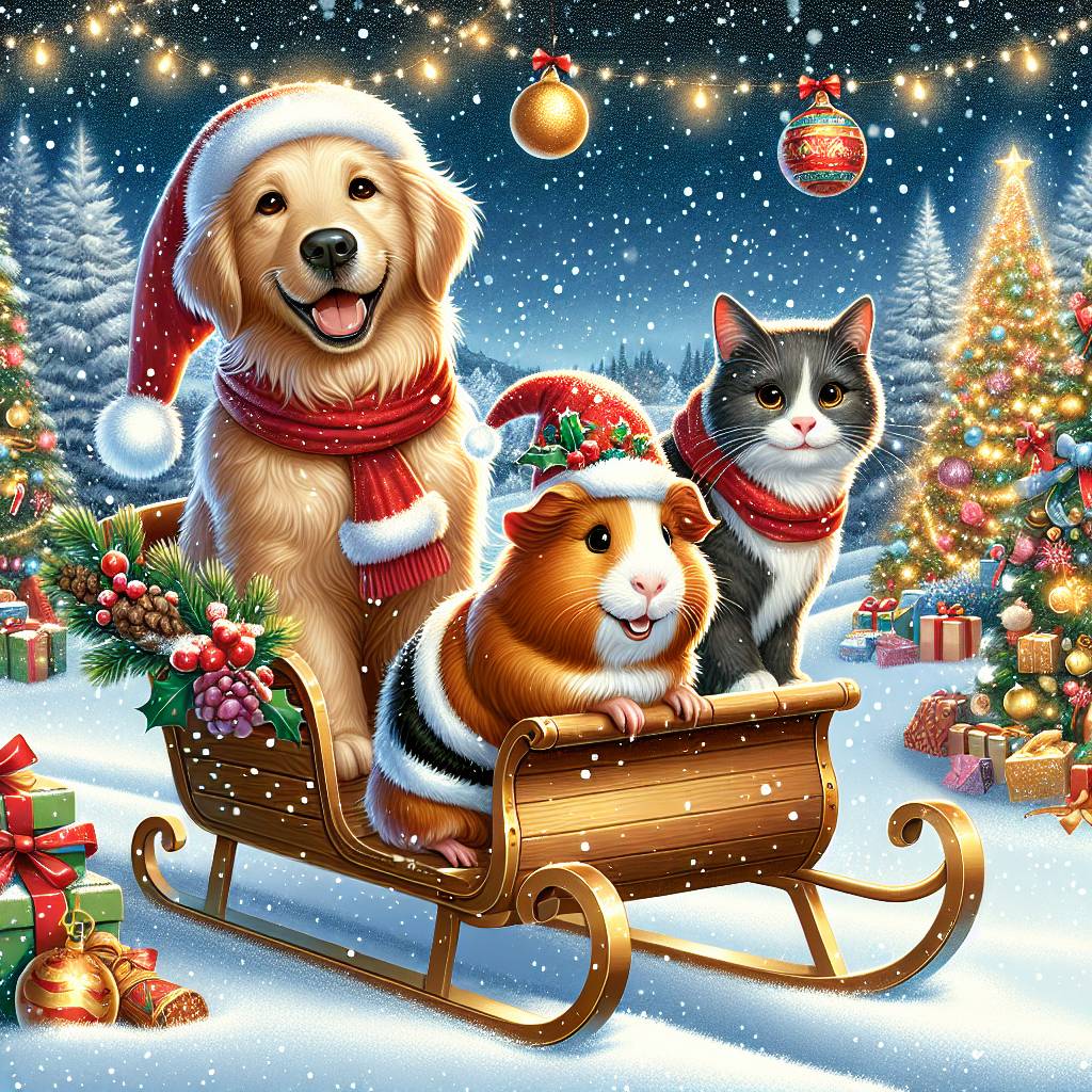 3) Christmas AI Generated Card - Golden retriever, Guinea pig brown, and Grey Cat (9a9a9)