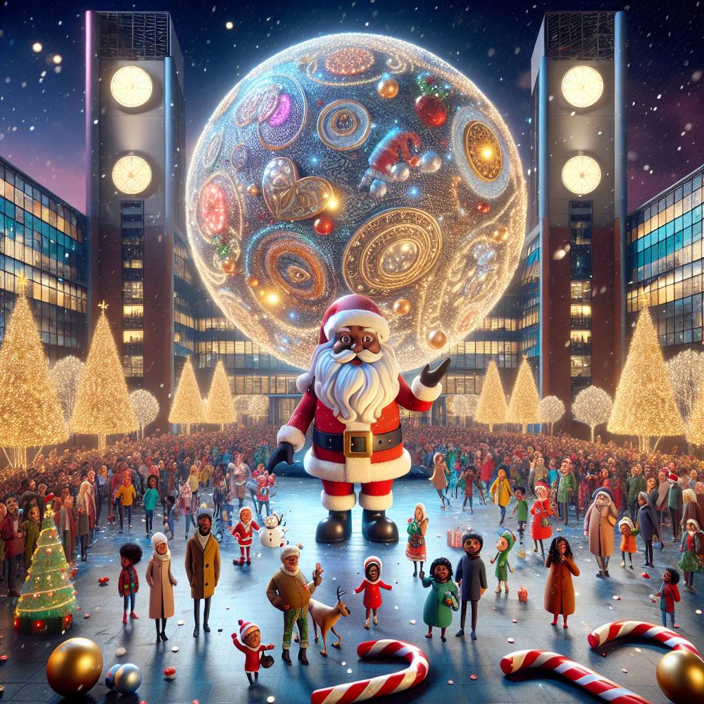 3) Christmas AI Generated Card - Big christmas globe in the background of media city, Santa, Manchester, Media city, Illuminated decorations, Candy canes and snowflakes, People of different ethnicities, and Tv cameras (6d32e)