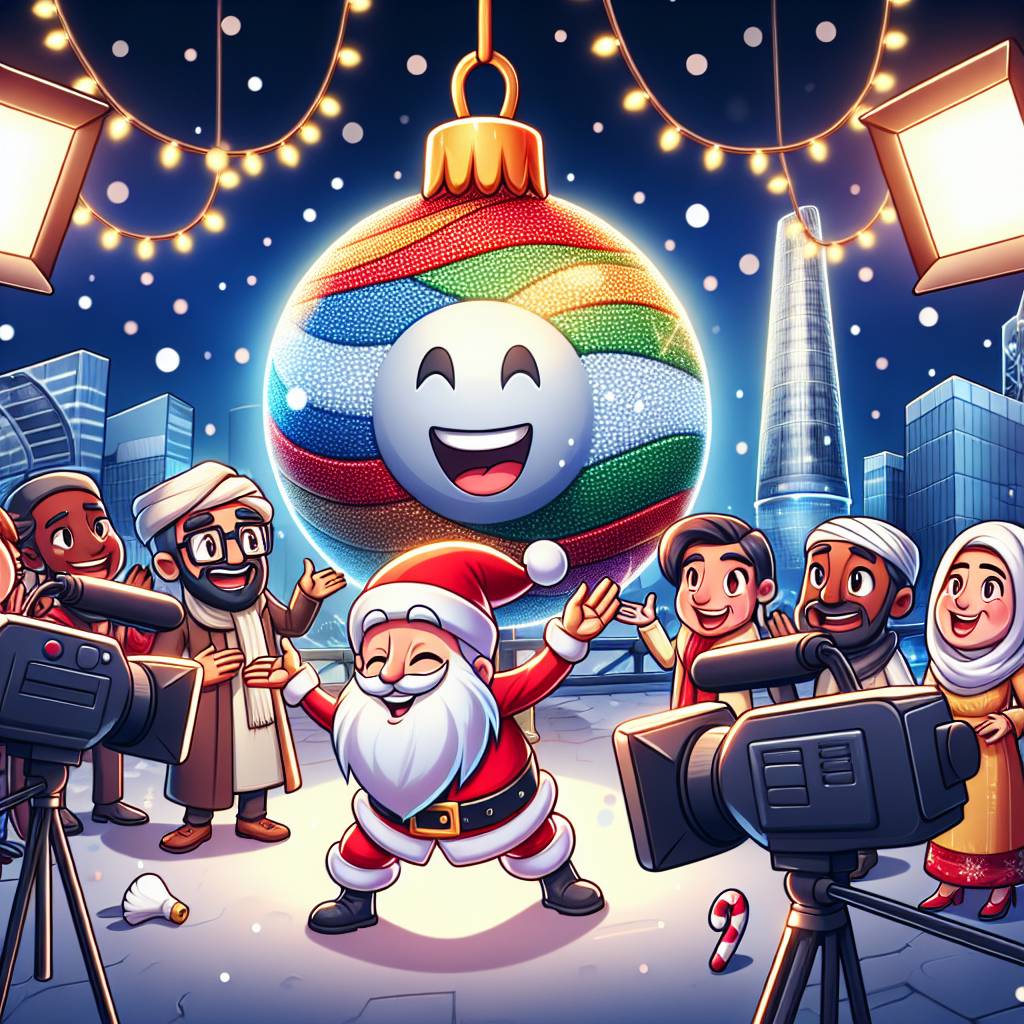 2) Christmas AI Generated Card - Big christmas globe in the background of media city, Santa, Manchester, Media city, Illuminated decorations, Candy canes and snowflakes, People of different ethnicities, and Tv cameras (02def)