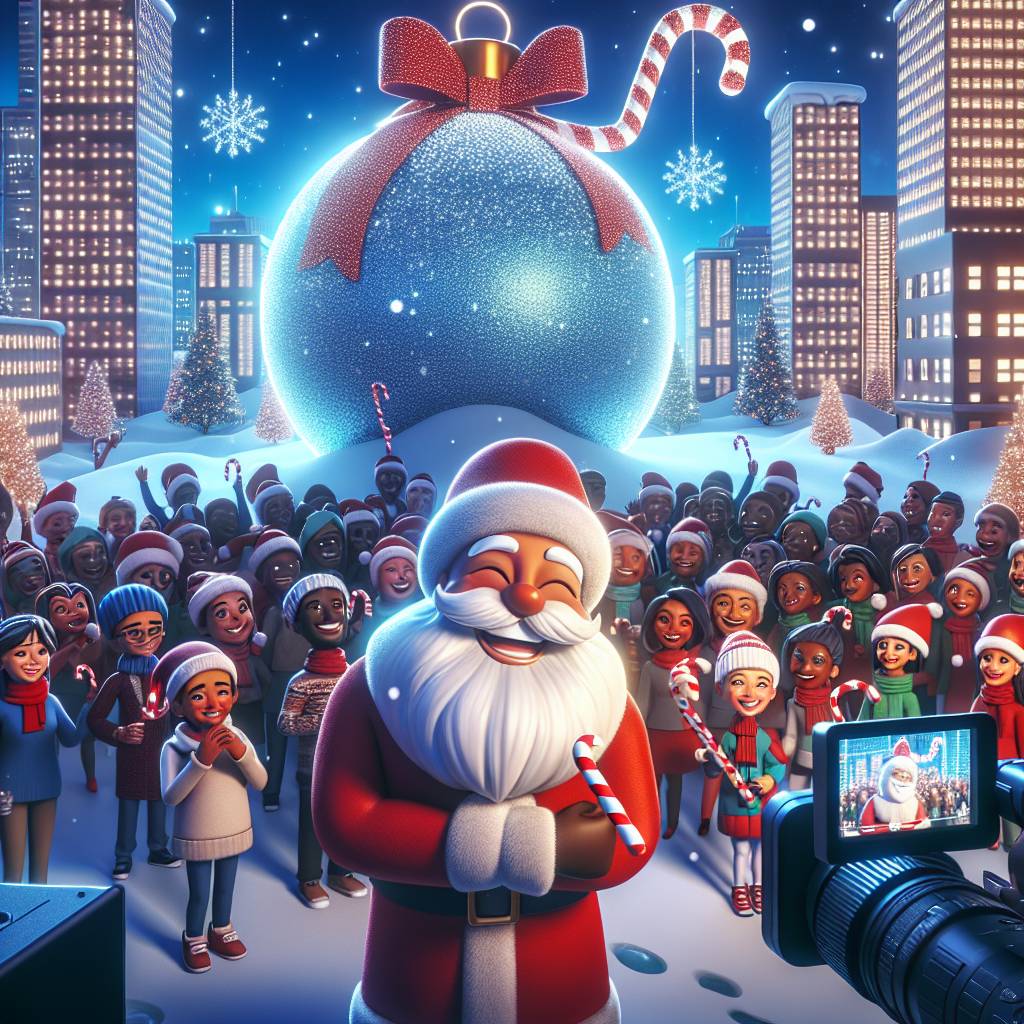 1) Christmas AI Generated Card - Big christmas globe in the background of media city, Santa, Manchester, Media city, Illuminated decorations, Candy canes and snowflakes, People of different ethnicities, and Tv cameras (0006b)