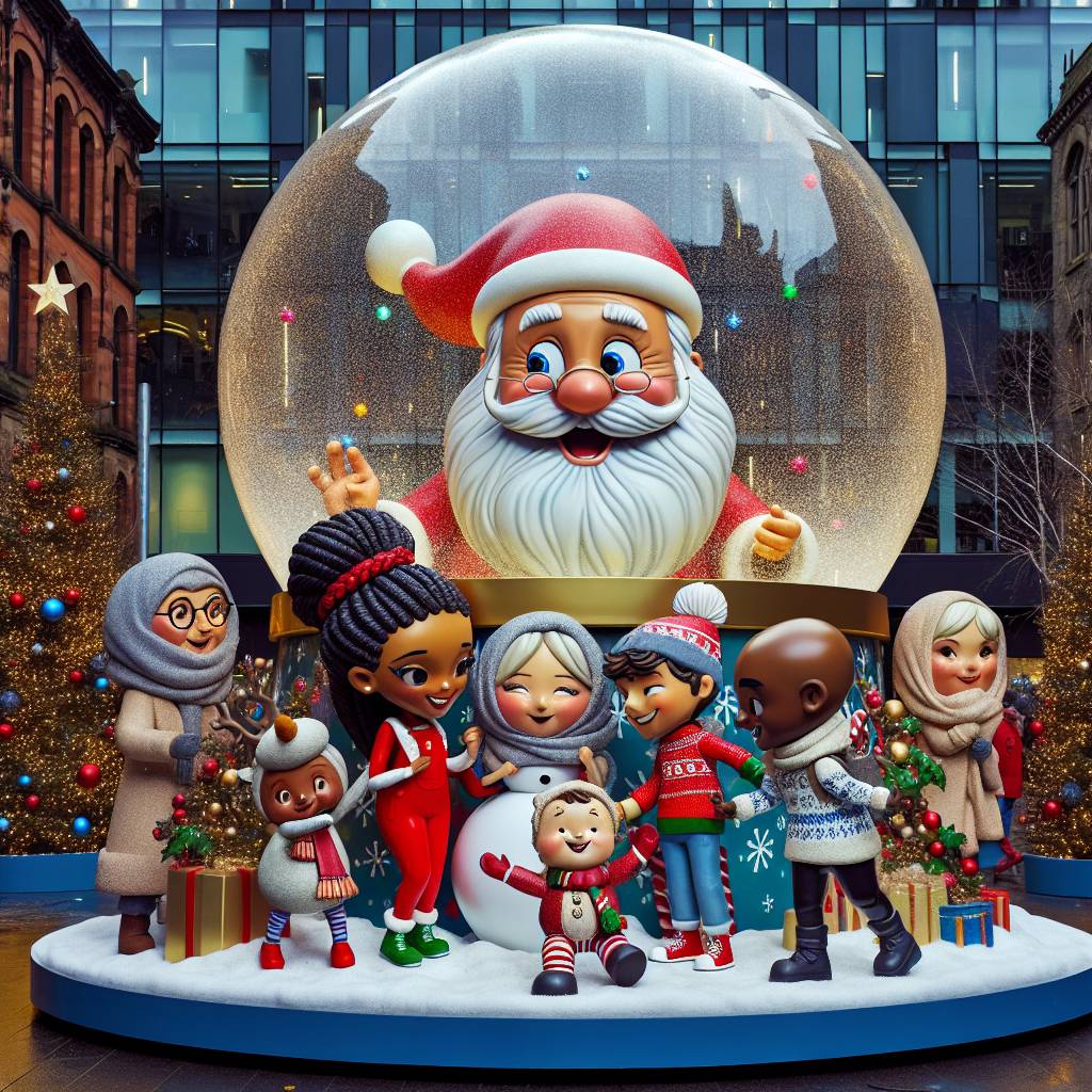 4) Christmas AI Generated Card - Big christmas globe in the background of media city, Santa, Manchester, Media city, Illuminated decorations, Candy canes and snowflakes, People of different ethnicities, and Tv cameras (cbce0)