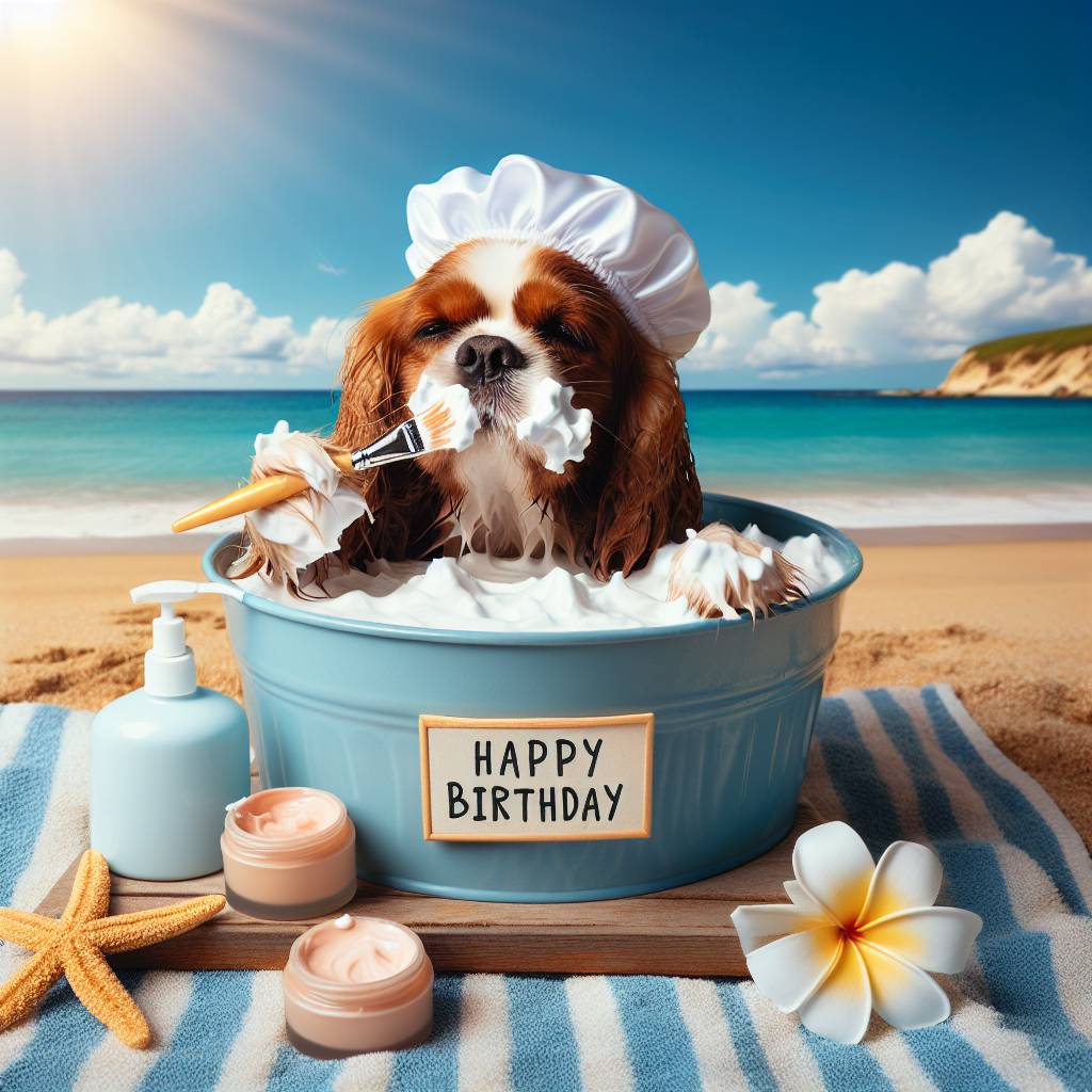 4) Birthday AI Generated Card - King charles spaniels, Baths and face cream, and Sunny beaches (4f999)})