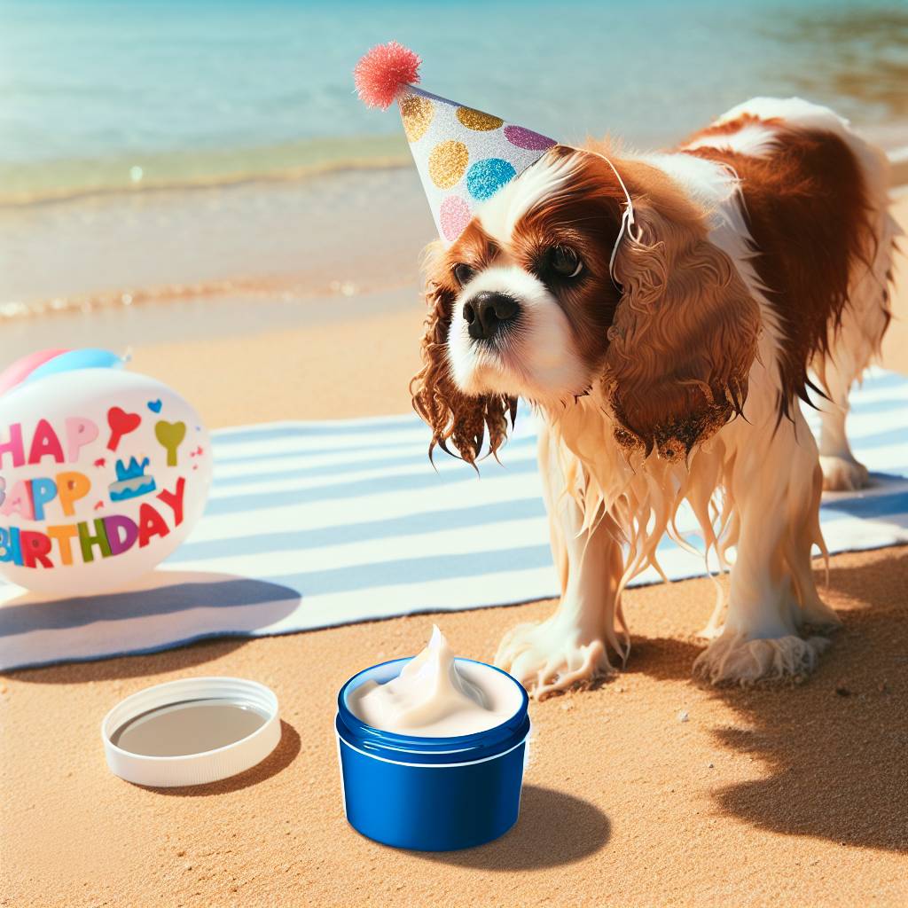 1) Birthday AI Generated Card - King charles spaniels, Baths and face cream, and Sunny beaches (3a4e3)})