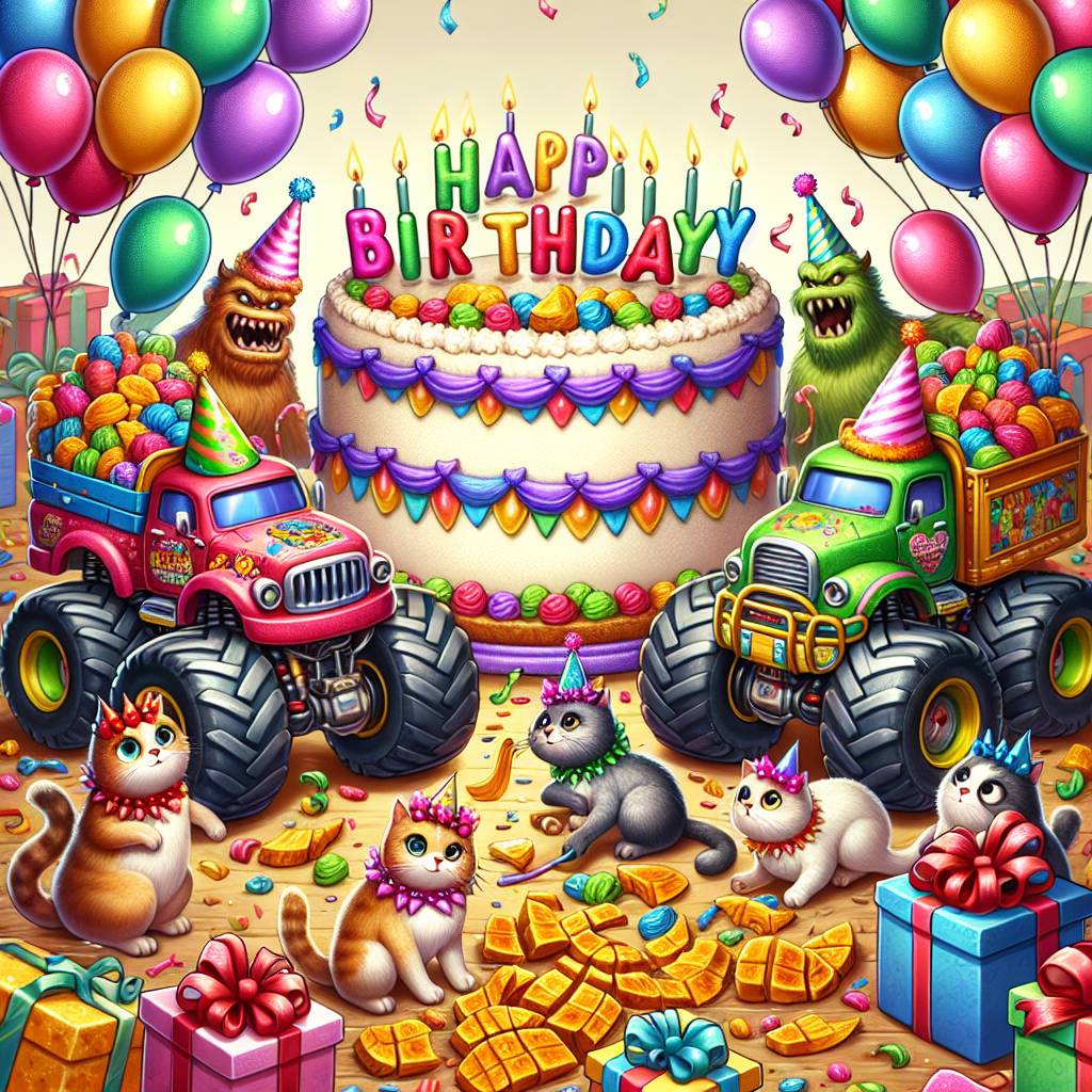 1) Birthday AI Generated Card - Monster trucks, Cats, Dried mango, and Presents (9ac65)