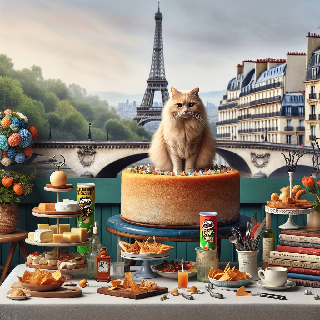 2) Birthday AI Generated Card - Orange cat, Paris, Cheeseboard, Pringles , Tapas, and Books (eac5a)