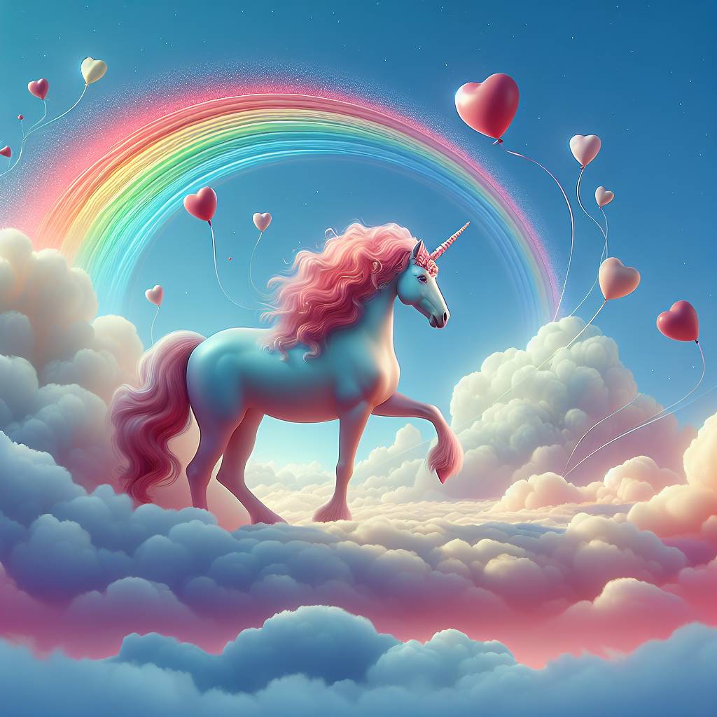 1) Valentines-day AI Generated Card - Pink, Unicorn, Up in clouds, and Rainbow (8da91)