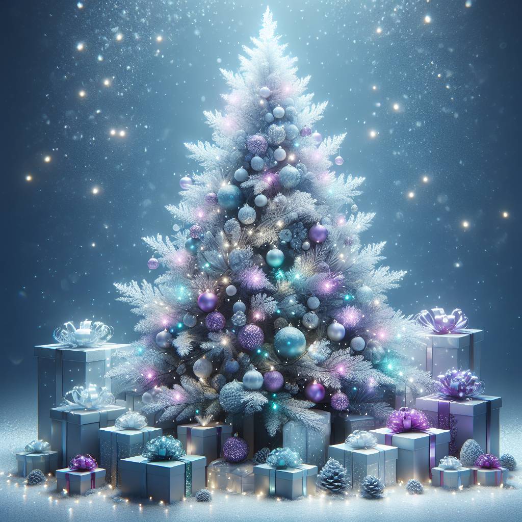 2) Christmas AI Generated Card - Christmas present , Christmas tree , Snowy , Colours purple and blue , and Leave space in the snow  (9b42f)
