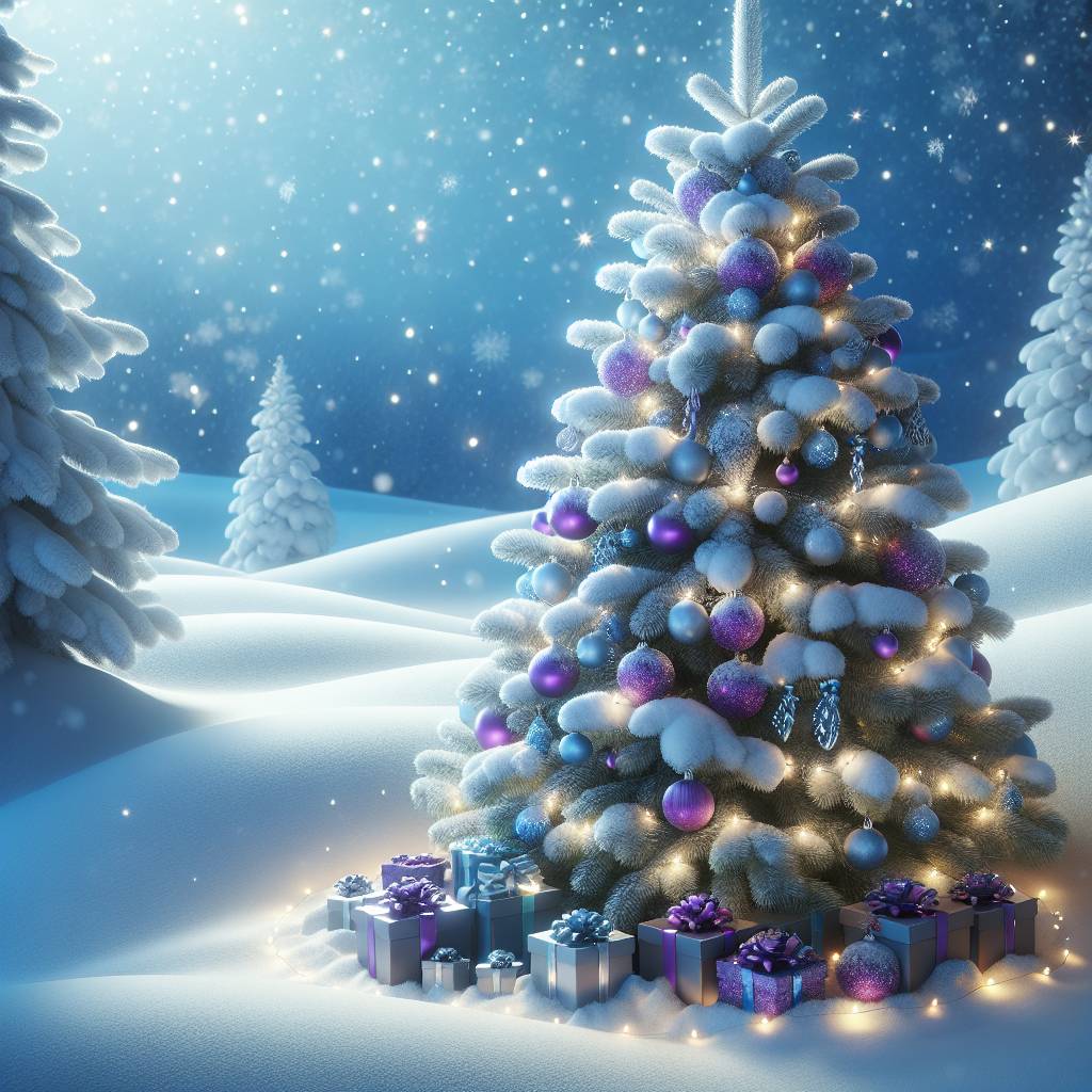 1) Christmas AI Generated Card - Christmas present , Christmas tree , Snowy , Colours purple and blue , and Leave space in the snow  (0a378)