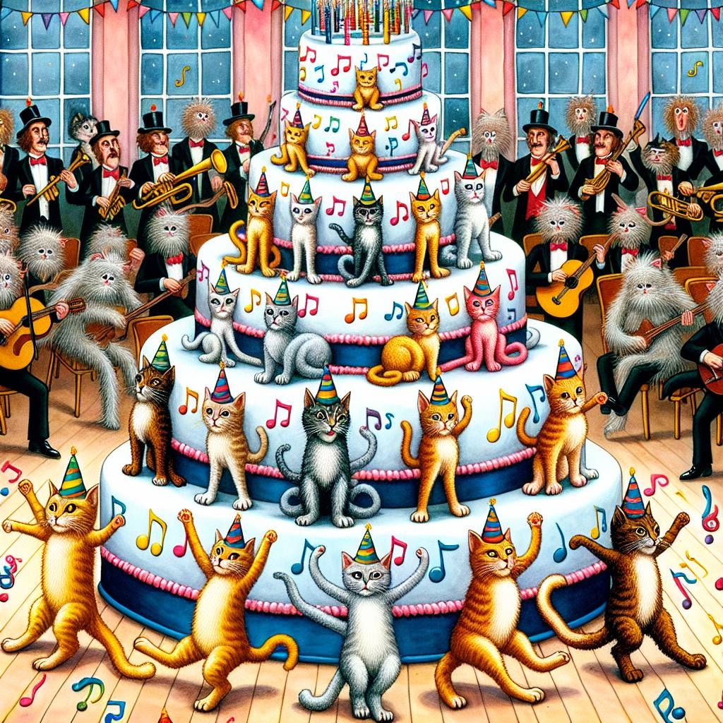 1) Birthday AI Generated Card - Tripod cats , Live Music , and Cake  (0a873)