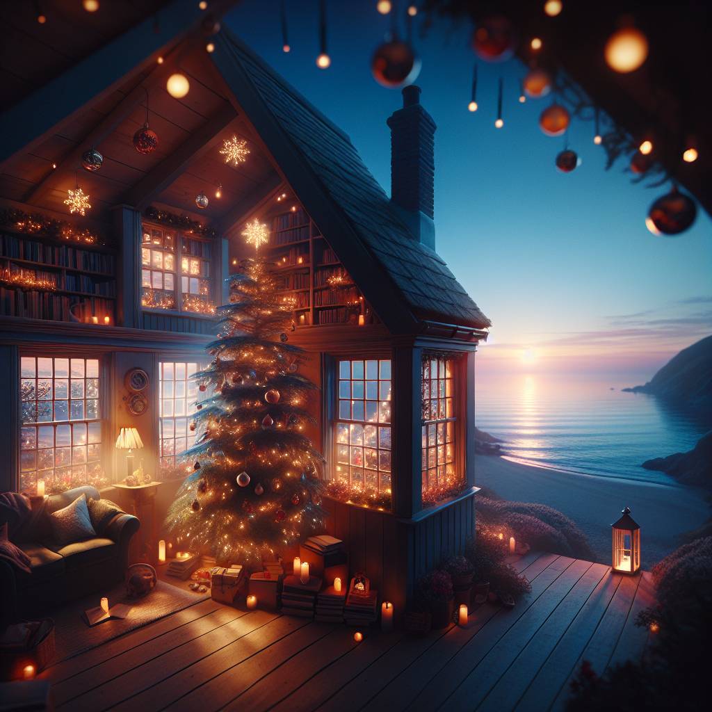 4) Christmas AI Generated Card - Books, Lights, Sea, Christmastree, Seaside home, Windows , Musik, and Love (6dcd5)