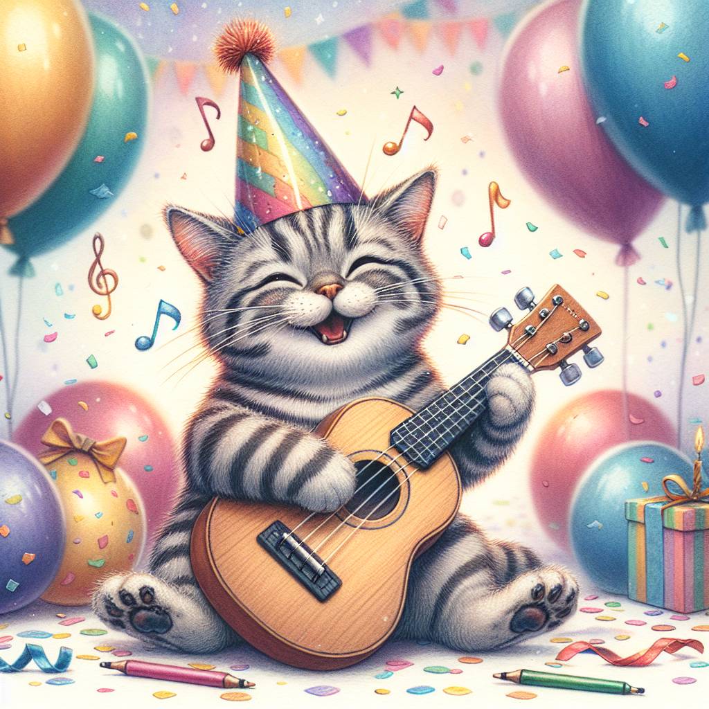 1) Birthday AI Generated Card - Singing, ukulele, tabby cat (89827)