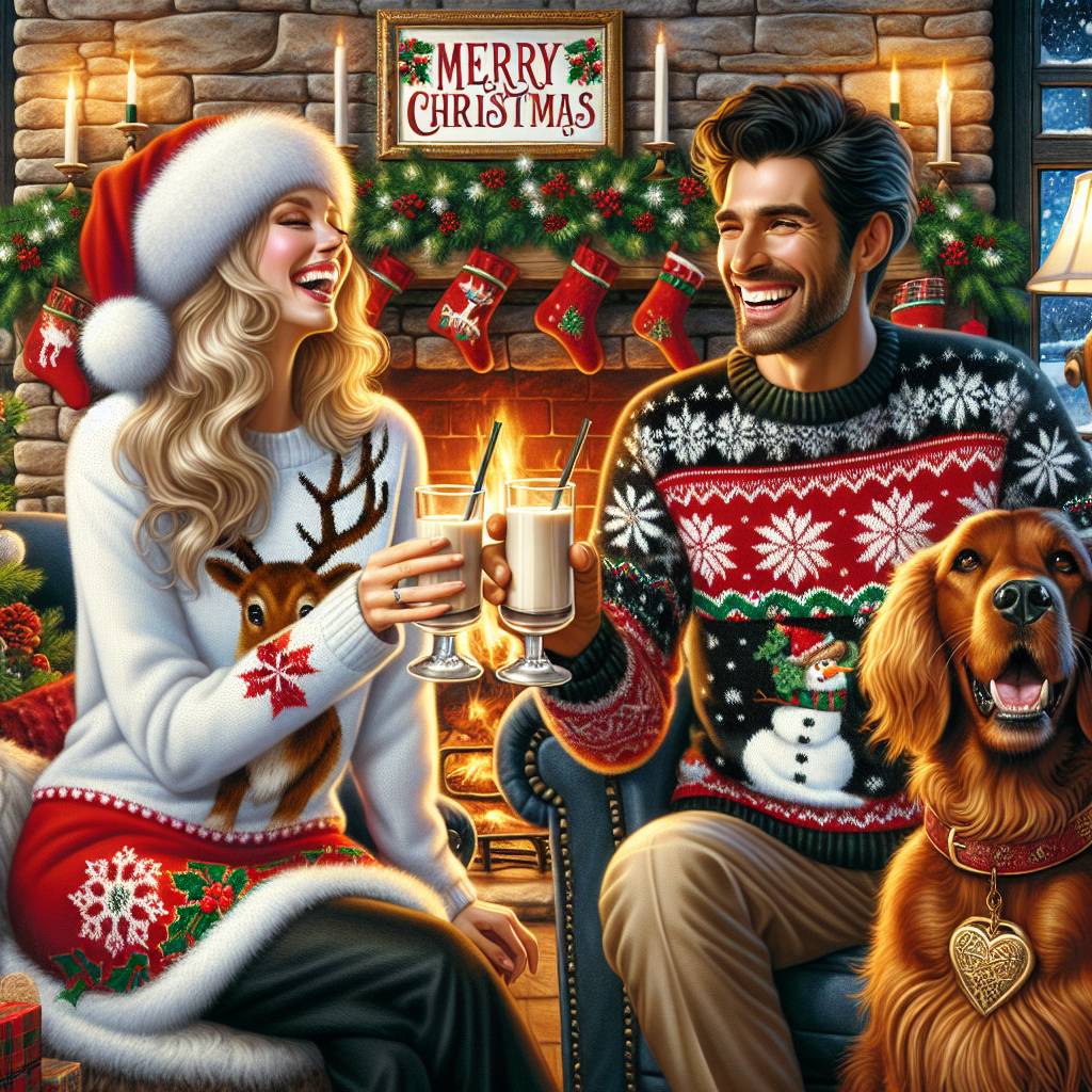 3) Christmas AI Generated Card - Irish setter, Blonde woman, and Dark haired man  (ff4b4)