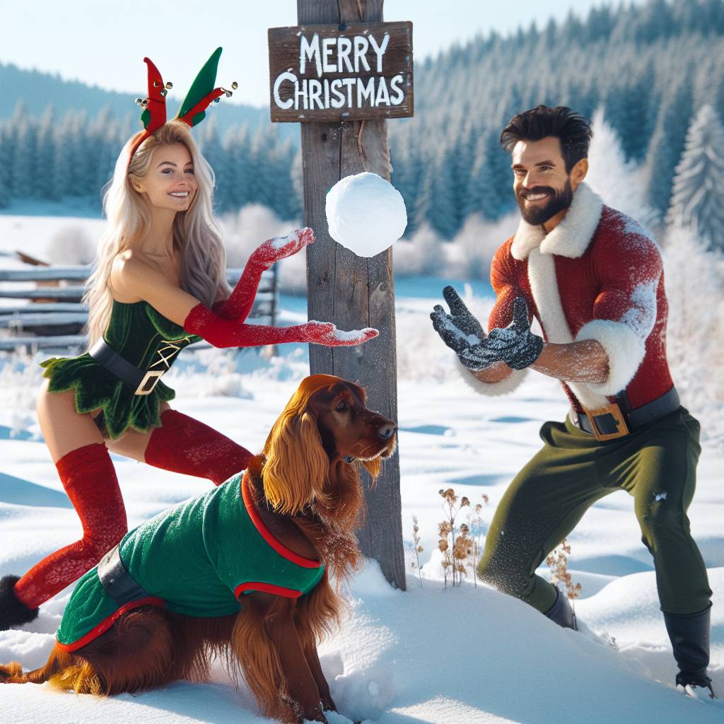2) Christmas AI Generated Card - Irish setter, Blonde woman, and Dark haired man  (d48ed)