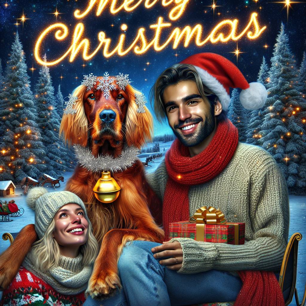 4) Christmas AI Generated Card - Irish setter, Blonde woman, and Dark haired man  (784a0)