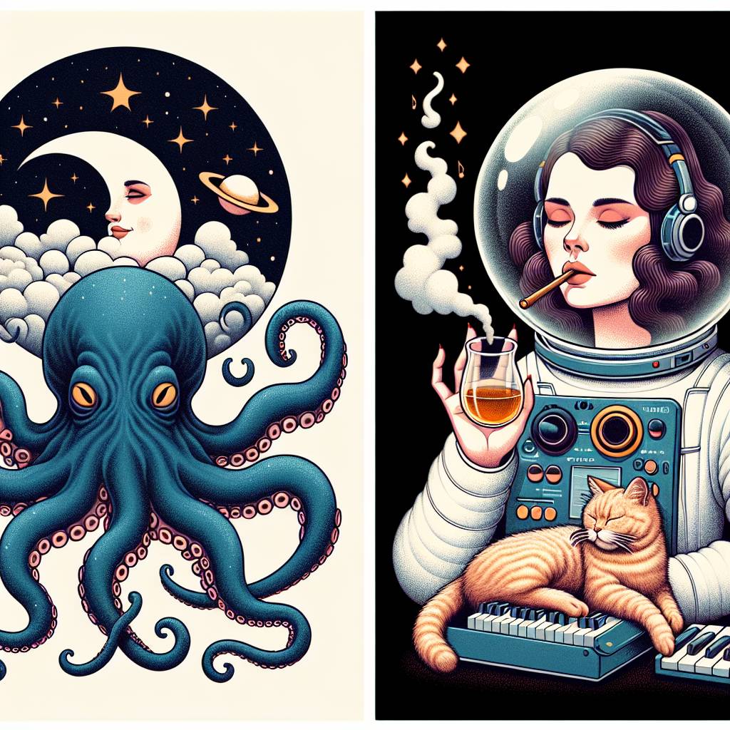 1) Birthday AI Generated Card - Octopus moon, Astronought smoking cat, Playing a yamaha keyboard, and Holding a whisky (64df1)