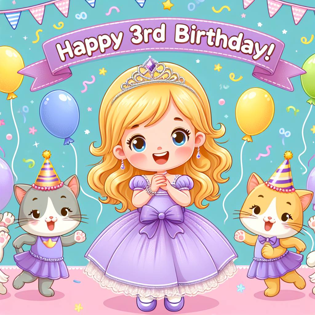 2) Birthday AI Generated Card - Age 3 girl blonde, Princess dresses, Cats, and Parties (0a349)