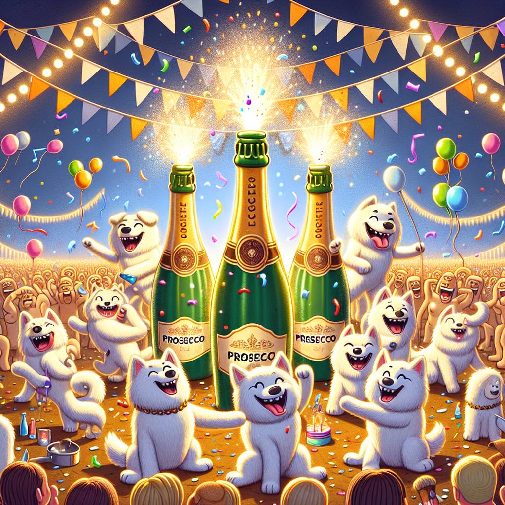 2) Birthday AI Generated Card - Prosecco, White dogs, and Music festivals (73486)