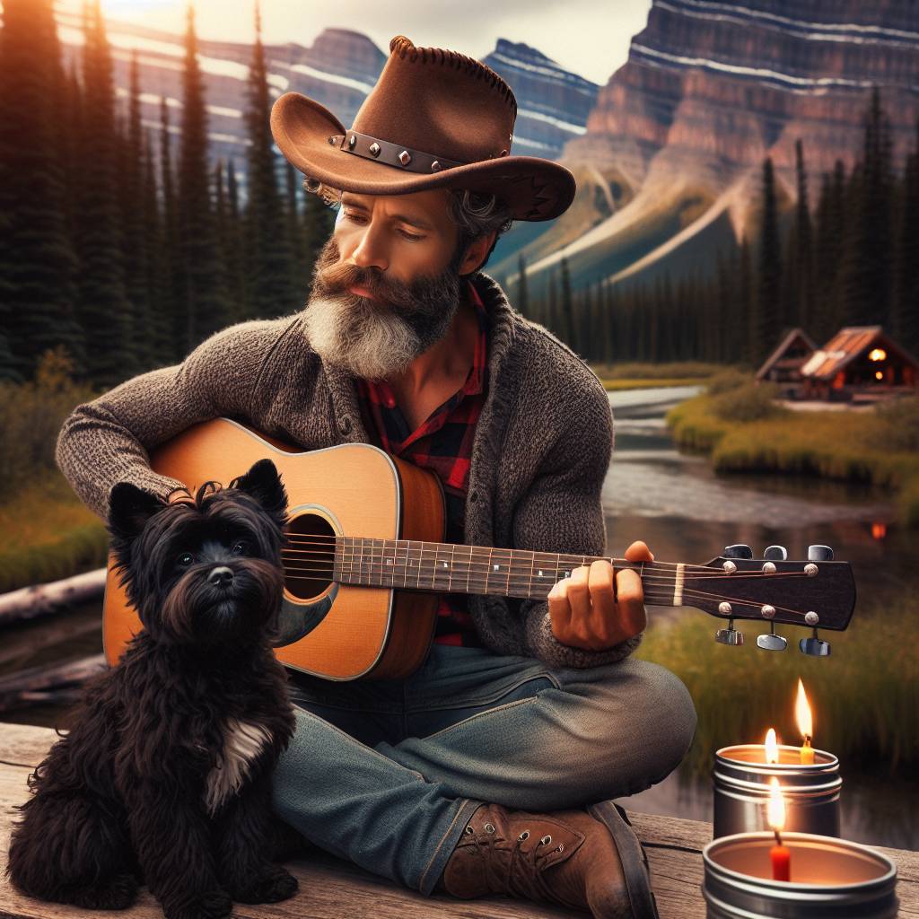 1) Birthday AI Generated Card - Slim man with a beard and a cowboy hat in the Canadian mountains playing a guitar with a small black dog (2e595)
