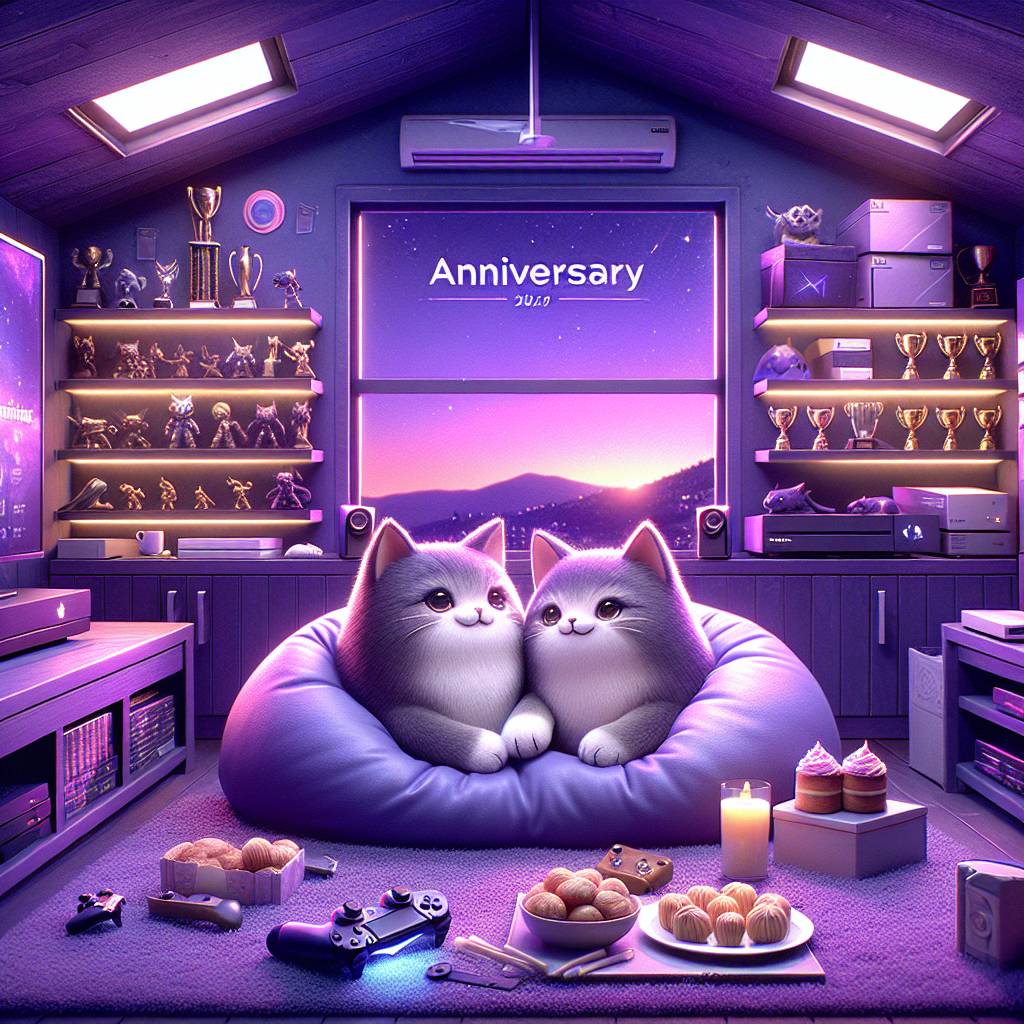 2) Anniversary AI Generated Card - Cats, Purple, Shiny, Streaming, Gaming, Baking, and Comfy (677ae)