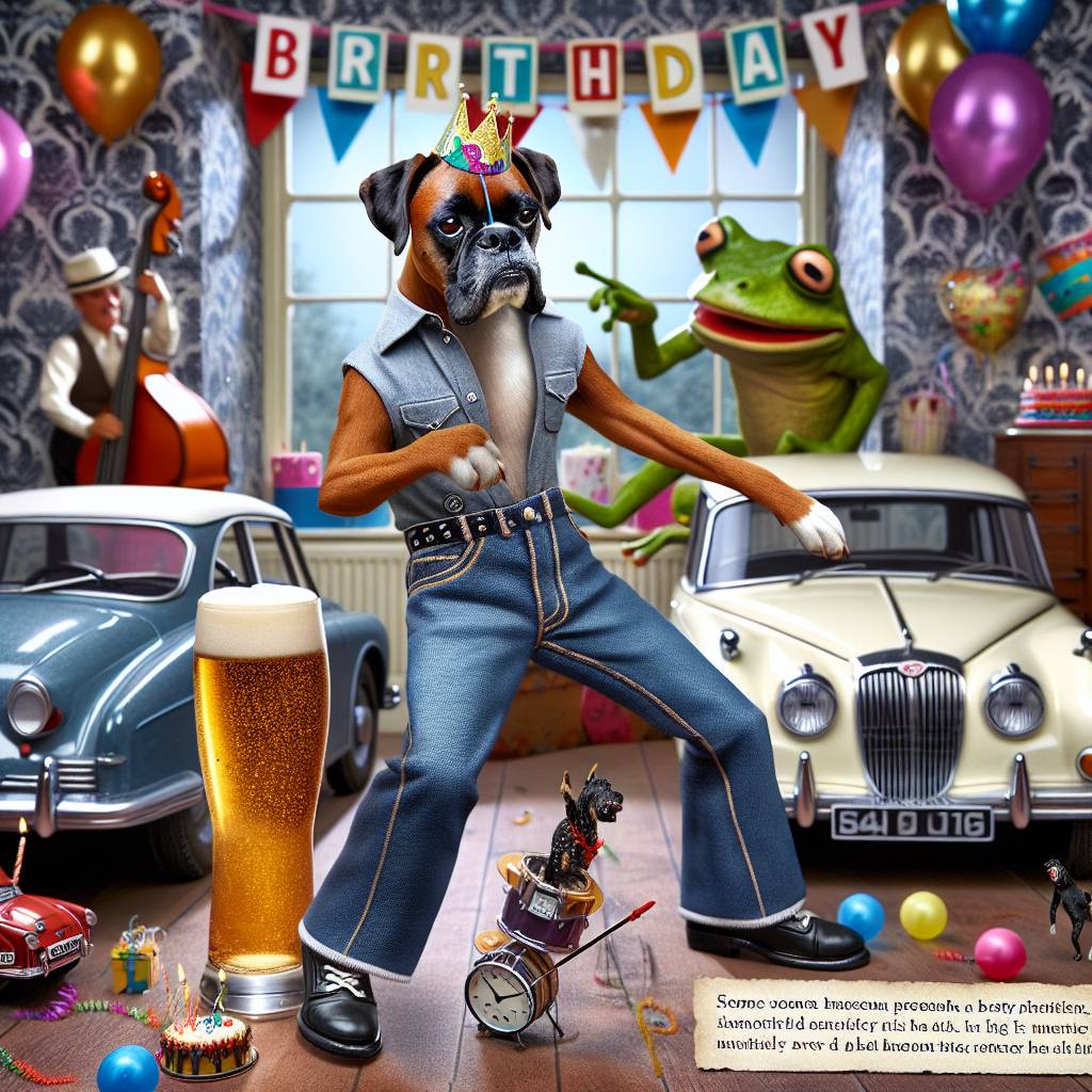 2) Birthday AI Generated Card - Boxer dog, Northern soul dancing, Jaguar car, Range Rover, Denim jeans, Larger, and Frog (a219f)