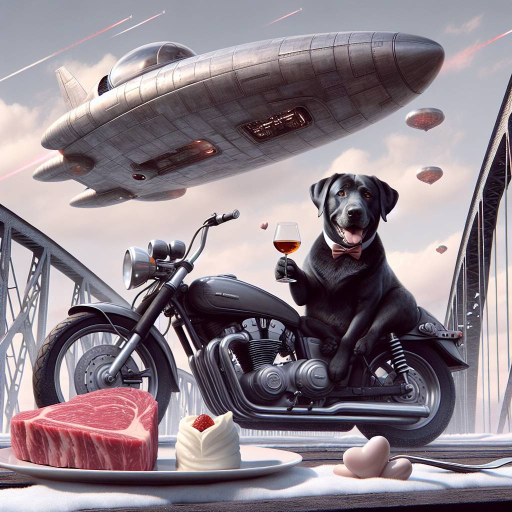 1) Valentines-day AI Generated Card - Black Labrador drinking whiskey riding a sports motorbike, Tyne bridge, Star wars, X wing fighter, Whiskey, Heart shaped steak, Vanilla ice cream, and Snow (0e14c)